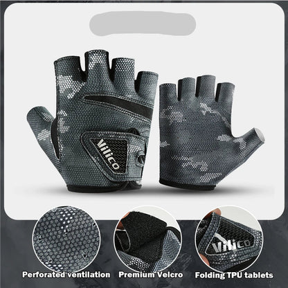 Black gloves with perforated ventilation, premium velcro, and folding TPU tablets on a gray background.