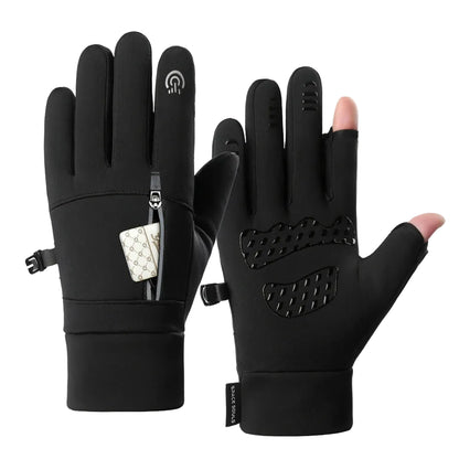 Black gloves with touch screen tips on a white background