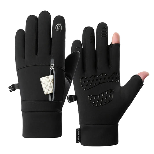 Black gloves with touch screen tips on a white background