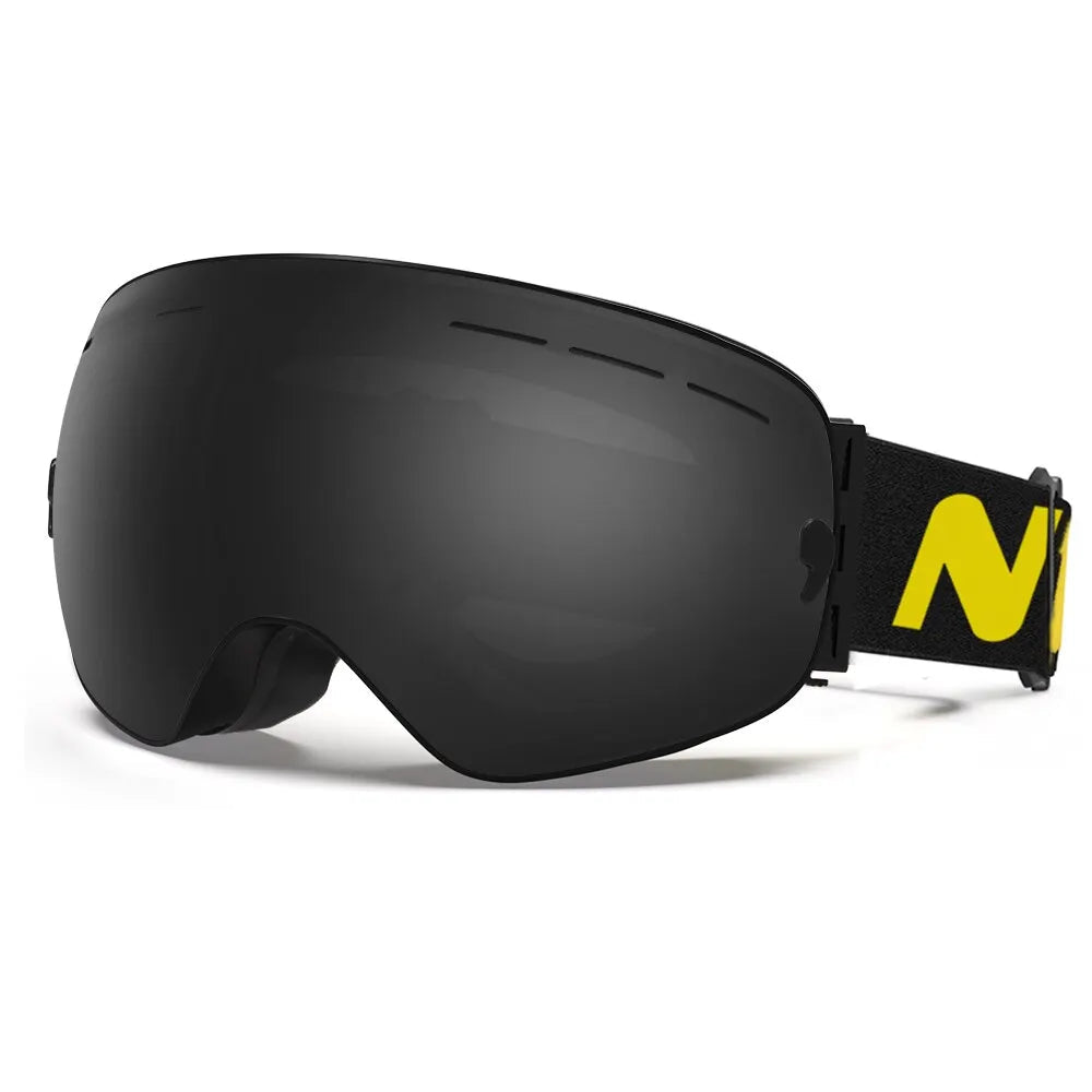 Black goggles with a yellow logo on a white background