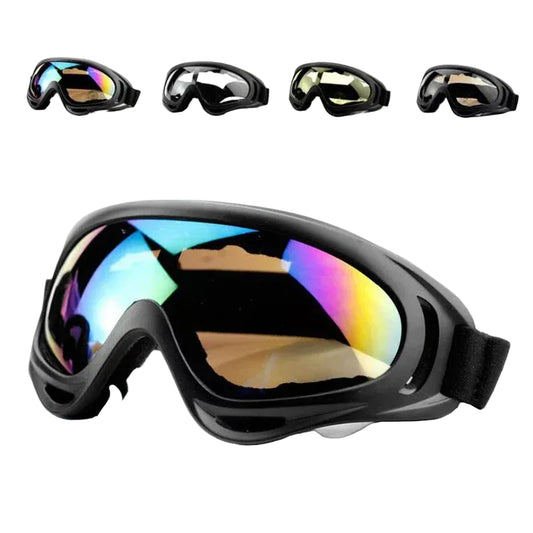 Black goggles with colorful reflective lenses on a white background.