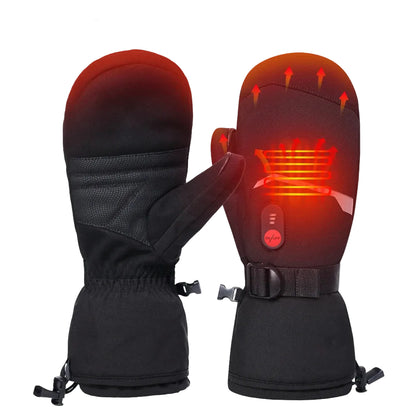 Black heated mittens with a visible heating element  on a white background.