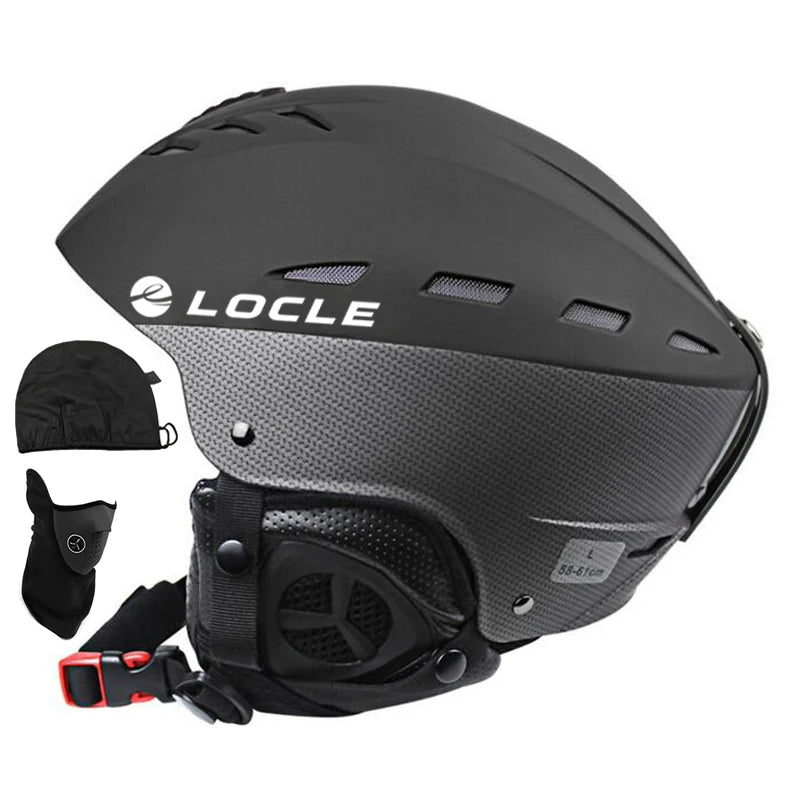 Black helmet withLOCLE branding and attached face mask on a white background