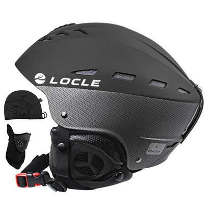 Black helmet withLOCLE branding and attached face mask on a white background