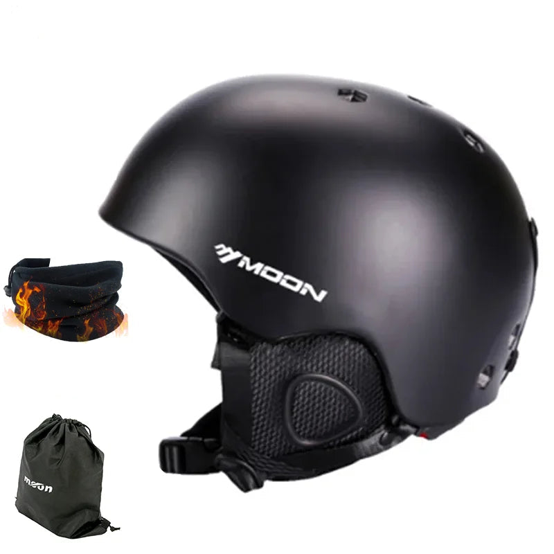 Black helmet with 'MOON' branding, neck gaiter, and drawstring bag on a white background