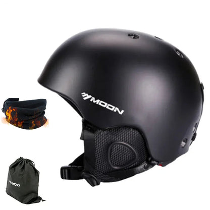 Black helmet with 'MOON' branding, neck gaiter, and drawstring bag on a white background