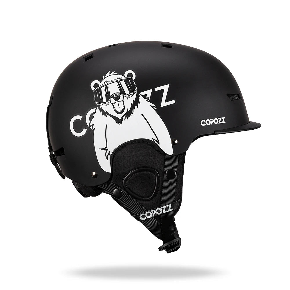 Black helmet with a bear graphic and 'Copozz' branding on a white background