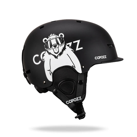 Black helmet with a bear graphic and 'Copozz' branding on a white background