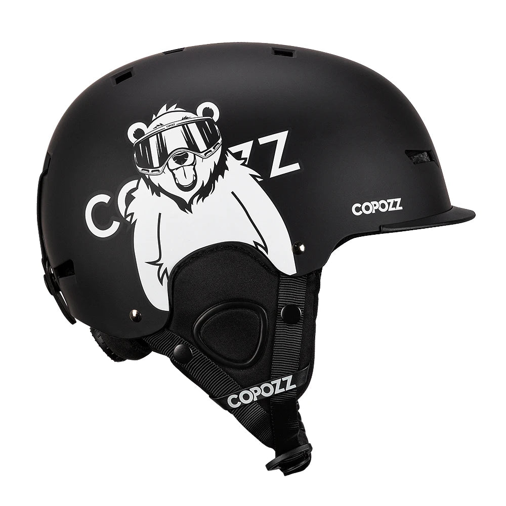 Black helmet with a white bear graphic and 'Copozz' branding on a white background