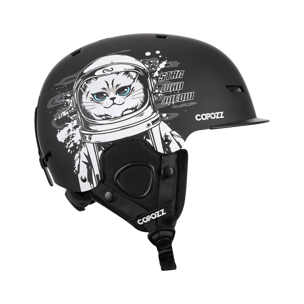 Black helmet with cat astronaut design and Copozz branding on a white background