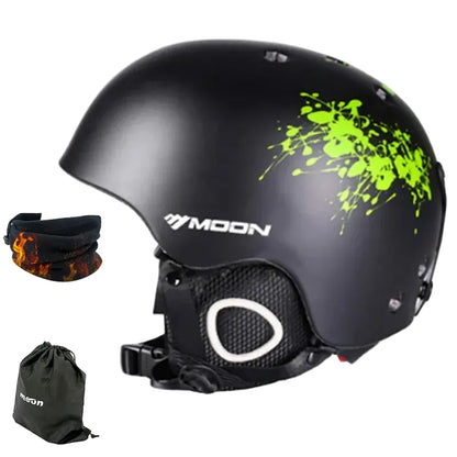 Black helmet with green design and two gifts on a white background