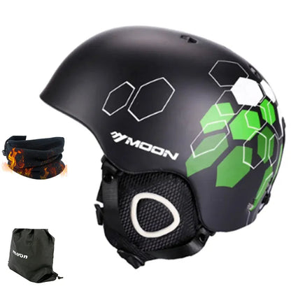 Black helmet with green geometric design, neck gaiter, and pouch on a white background