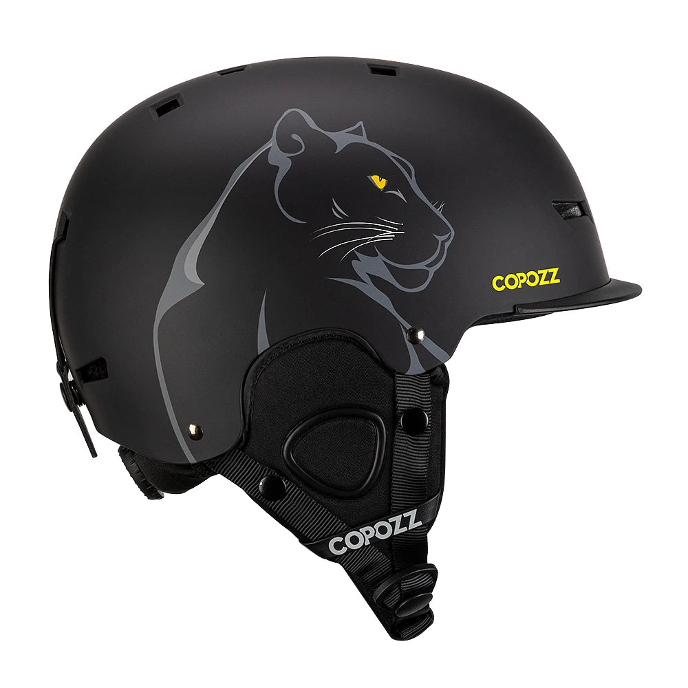 Black helmet with panther design and Copozz branding on a white background