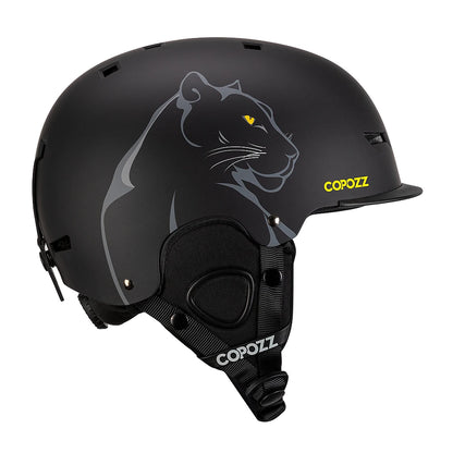 Black helmet with panther design and Copozz branding on a white background