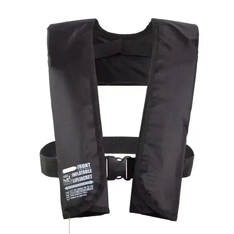 Black inflatable life jacket on a white background
