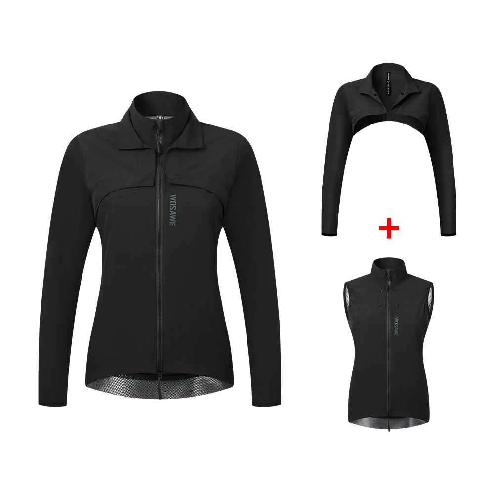 Black jacket, black cropped top, and black vest on a white background
