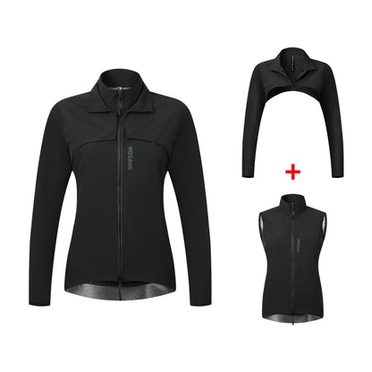 Black jacket, black cropped top, and black vest on a white background