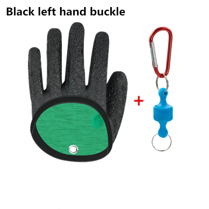 Black left hand glove with green palm and a red and blue keychain attachment on a white background.