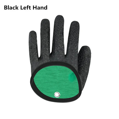 Black left hand glove with green palm on a white background
