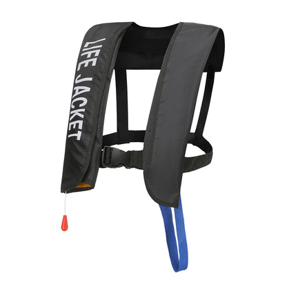 Black life jacket on a white background