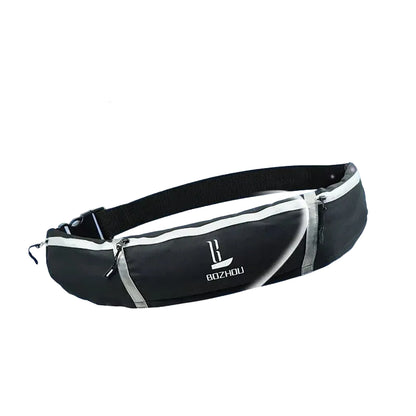 Black life jacket belt with white accents on a blue background.