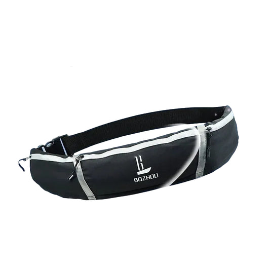 Black life jacket belt with white accents on a blue background.