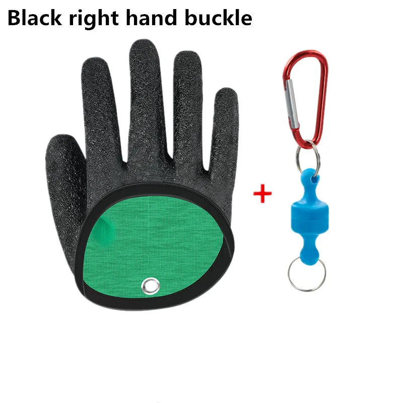 Black right hand glove with green palm and a red carabiner keychain on a white background