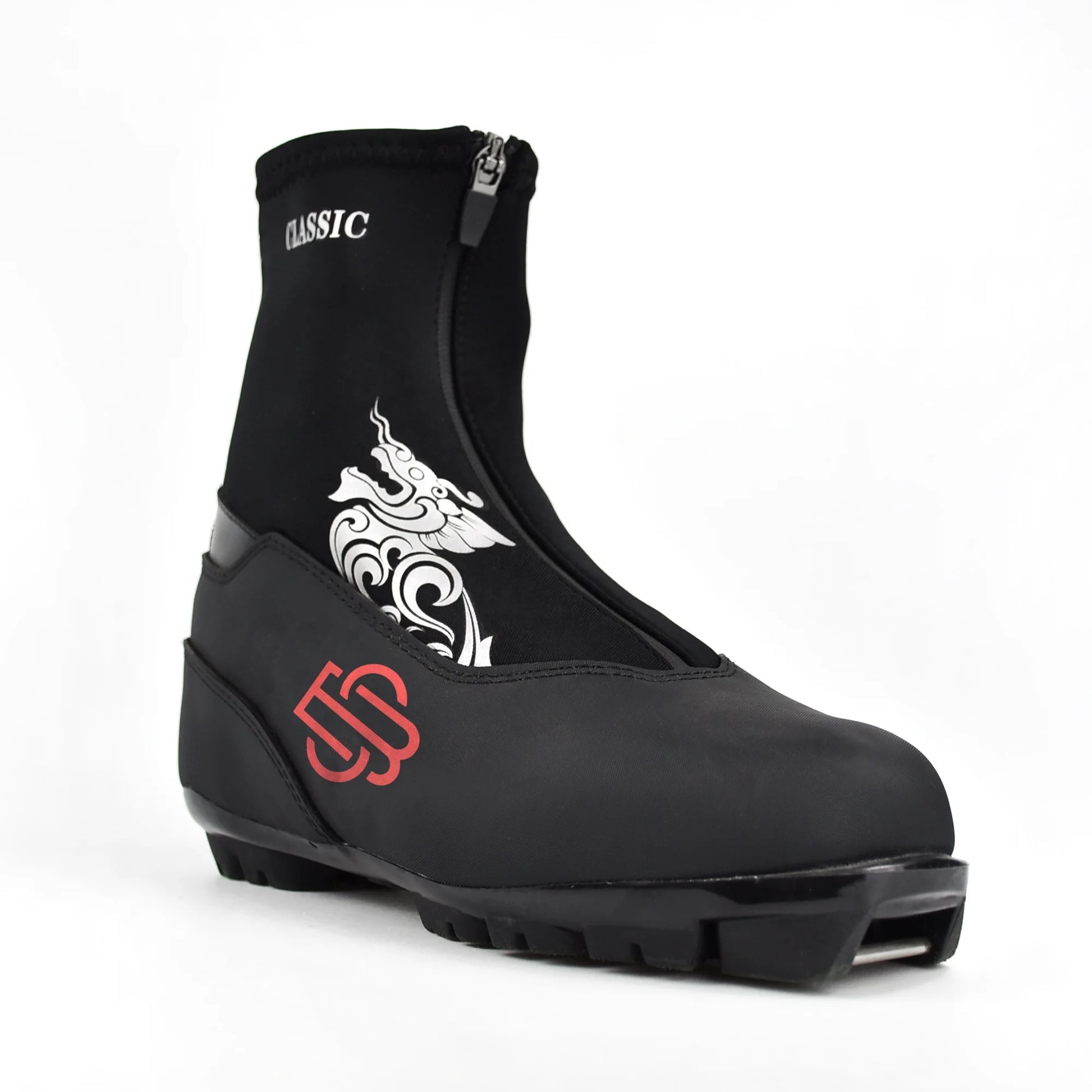 Black ski boot with logos on a white background