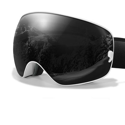 Black ski goggles with night-vision lens and inside optical frame on a white background