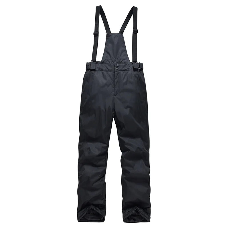 Black snow pants with suspenders on a white background
