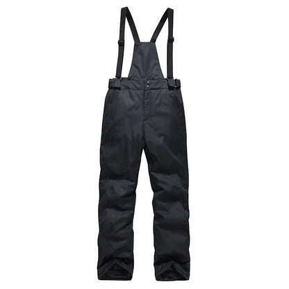Black snow pants with suspenders on a white background