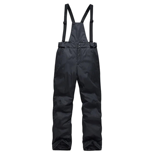 Black snow pants with suspenders on a white background