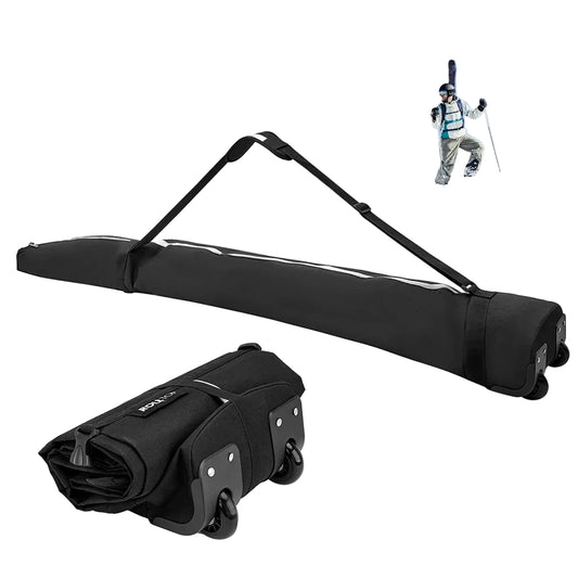 Black ski storage bag with wheels and a strap, with a inset of a person skiing on snow.
