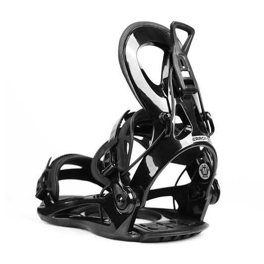 Black snowboard binding on a white background