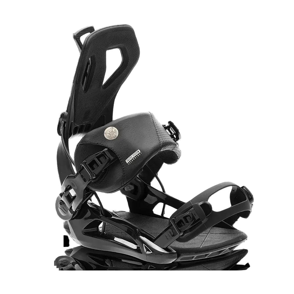 Black snowboard binding on a white background