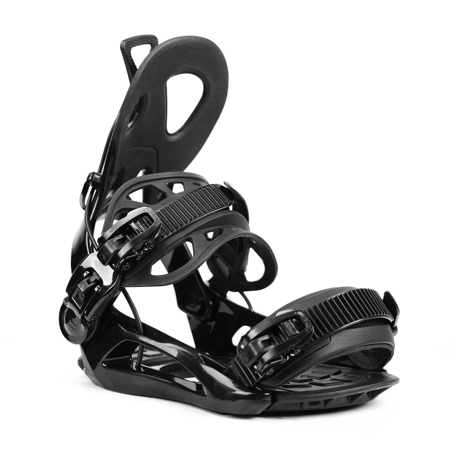 Black snowboard binding on a white background