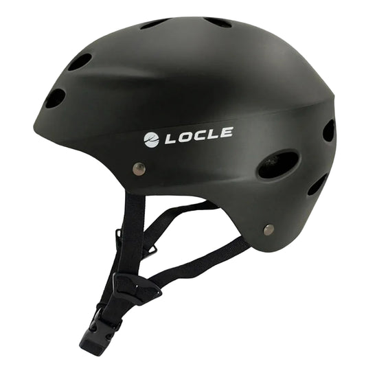 Black helmet with 'Locle' branding on a white background