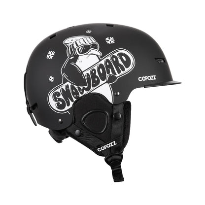 Black snowboarding helmet with a graphic design and 'Copoizz' branding on a white background