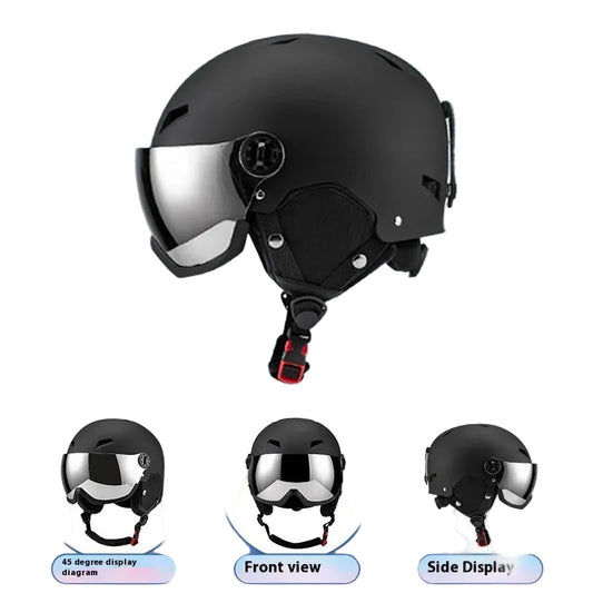 Black helmet with visor on a white background.