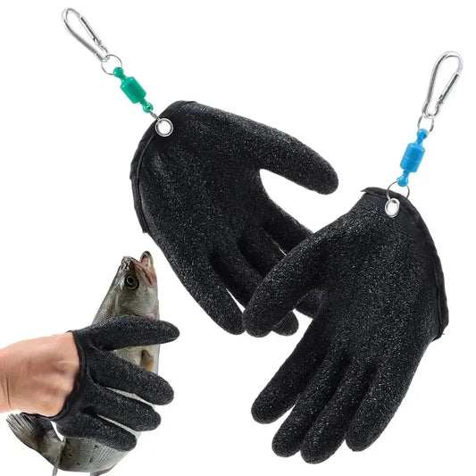 Black textured gloves with metal clips on a white background, one glove holding a fish.