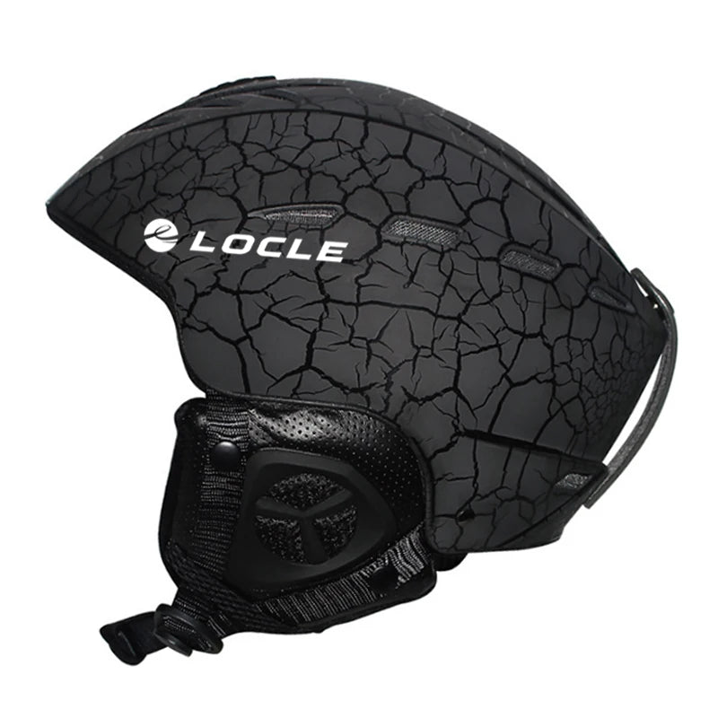 Black textured ski helmet with 'Locle' branding on a white background