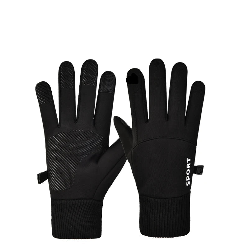 Black touchscreen gloves on a white background