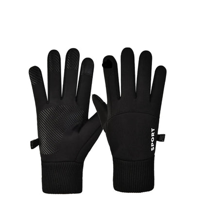 Black touchscreen gloves on a white background