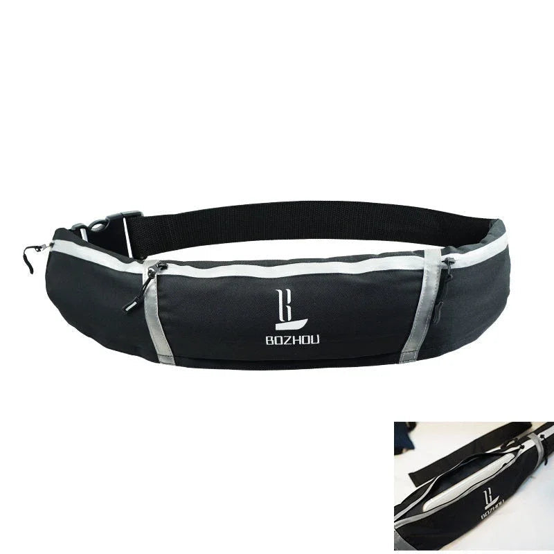 Black waist bag with white accents on a white background.