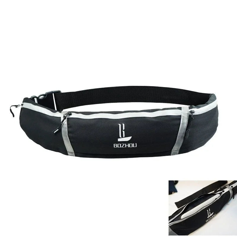 Black waist bag with white accents on a white background.