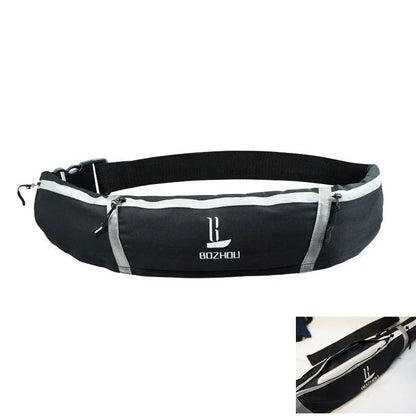 Black waist bag with white accents on a white background.