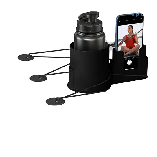 Black water bottle holder and phone mount on a white surfboard.