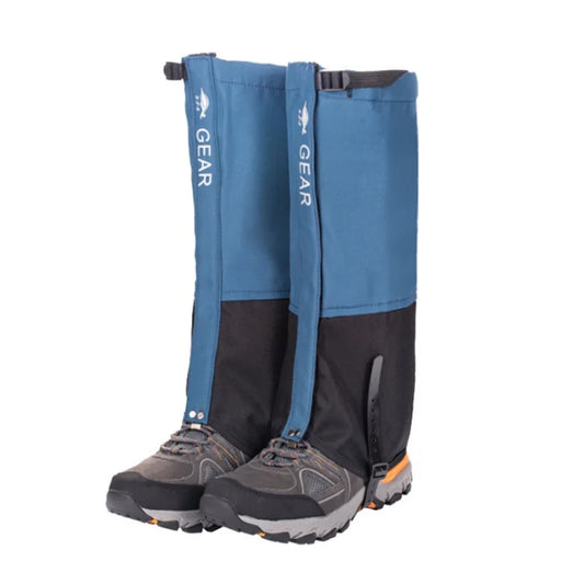 Blue and black gaiters with shoes on a white background