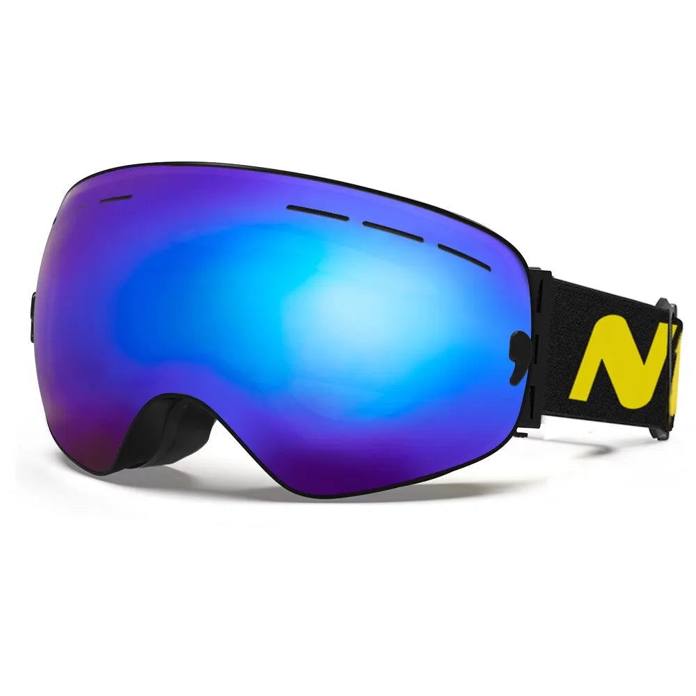 Blue and purple ski goggles with a yellow 'N' logo on a white background