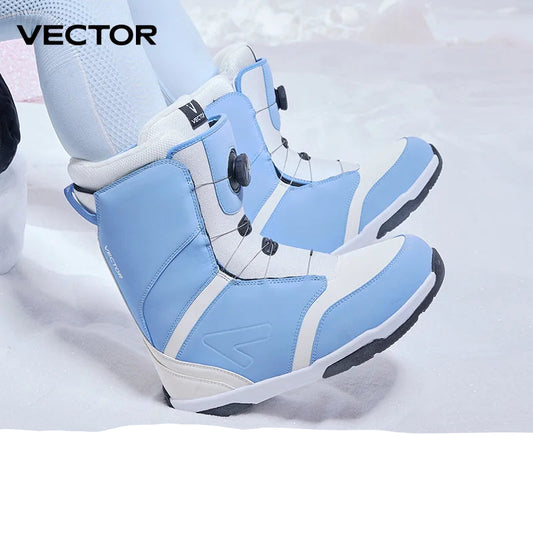 Blue and white snowboard boot on a snowy background